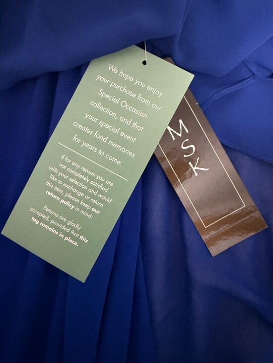 MSK Chiffon Sheath Rhinestone Trim Dress Womens M Royal Blue Asymmetric Cape - Picture 12 of 12